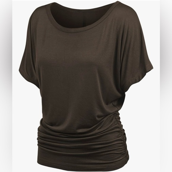 Tops - Casual Solid Short Sleeve Boat Neck Dolman Top with Side Shirring -brown